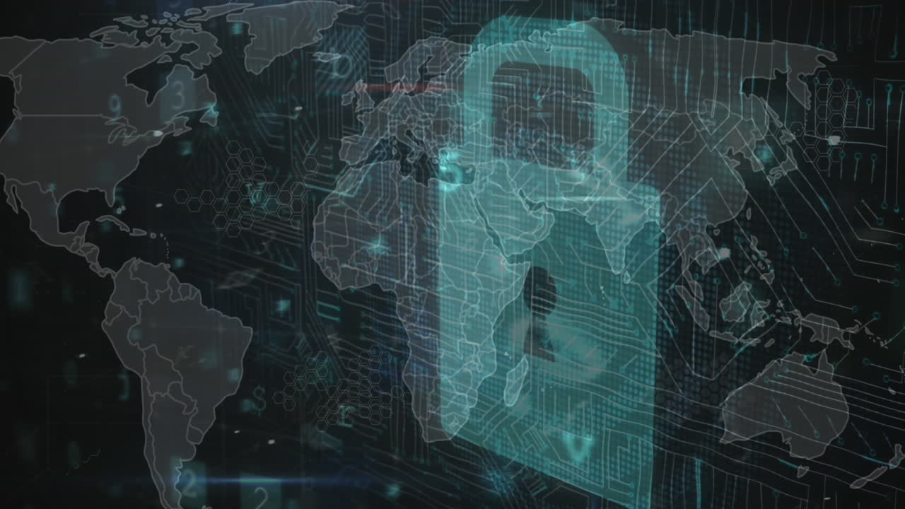 animación de textos, letras, símbolos, números sobre el candado contra el mapa en el fondo