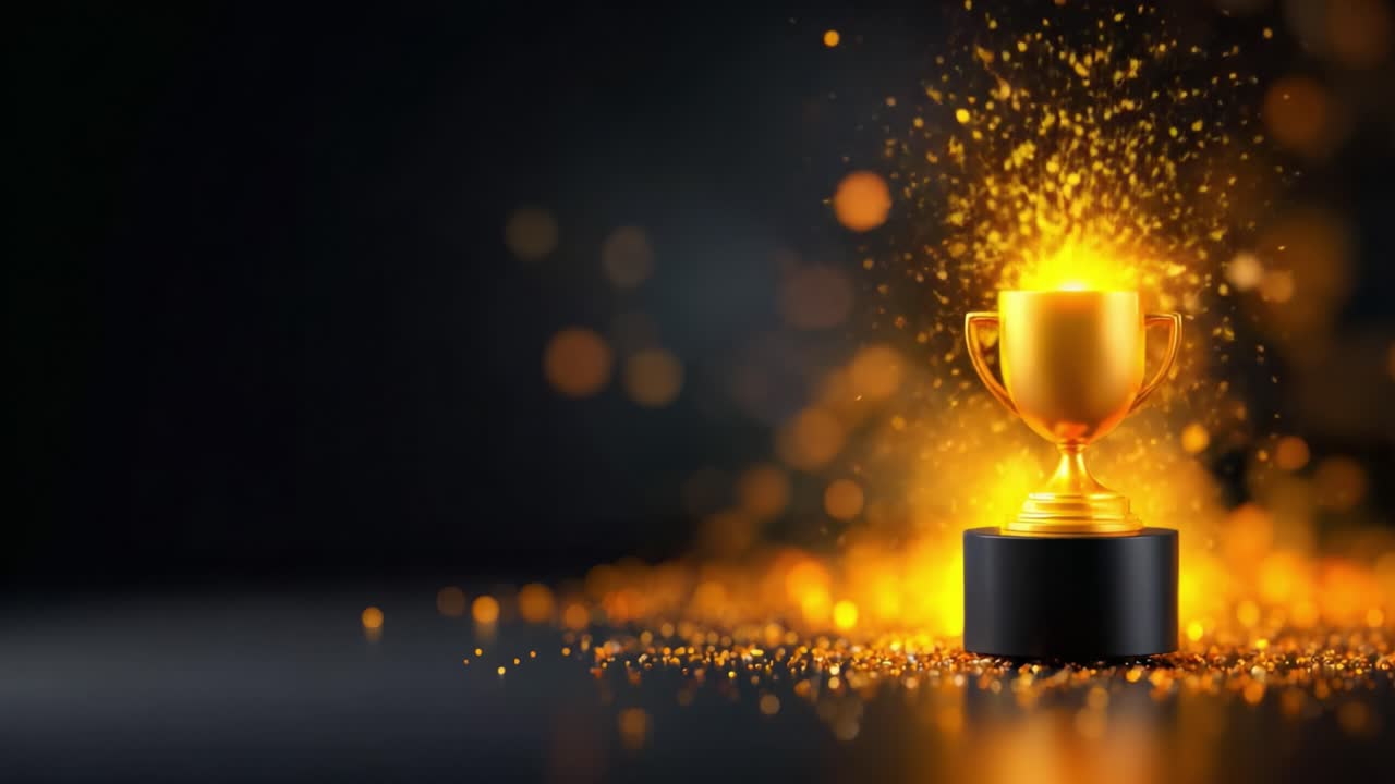 A Glorious Golden Trophy Surrounded by Sparkling Lights and Glitter, Symbolizing Achievement, Success, and Celebration in an Elegant Atmosphere
