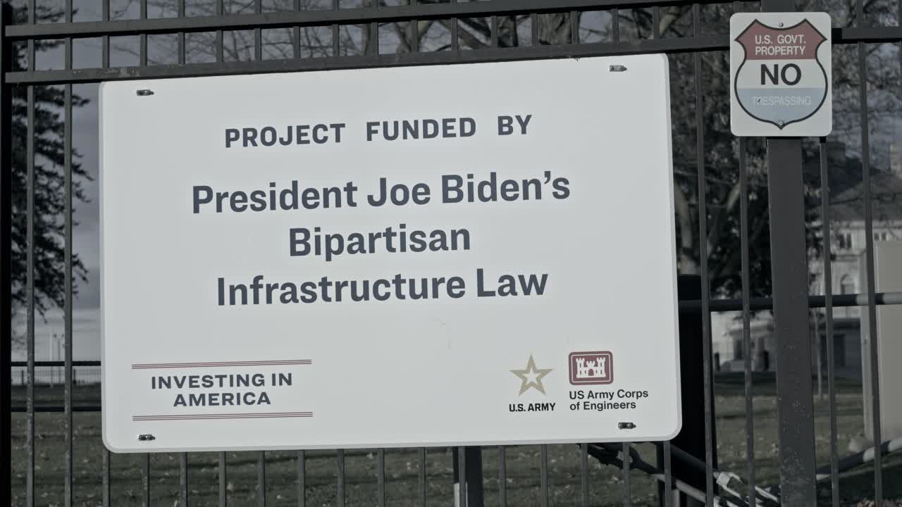 President Joe Biden's Bipartisan Infrastructure Law sign at the Soo Locks in Sault St
