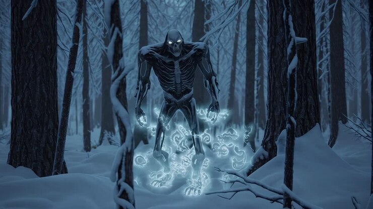Mostro scheletrico spaventoso in una foresta innevata