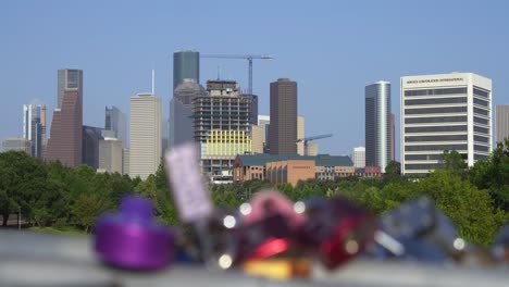 establishing shot of downtown houston area from neaby bridge