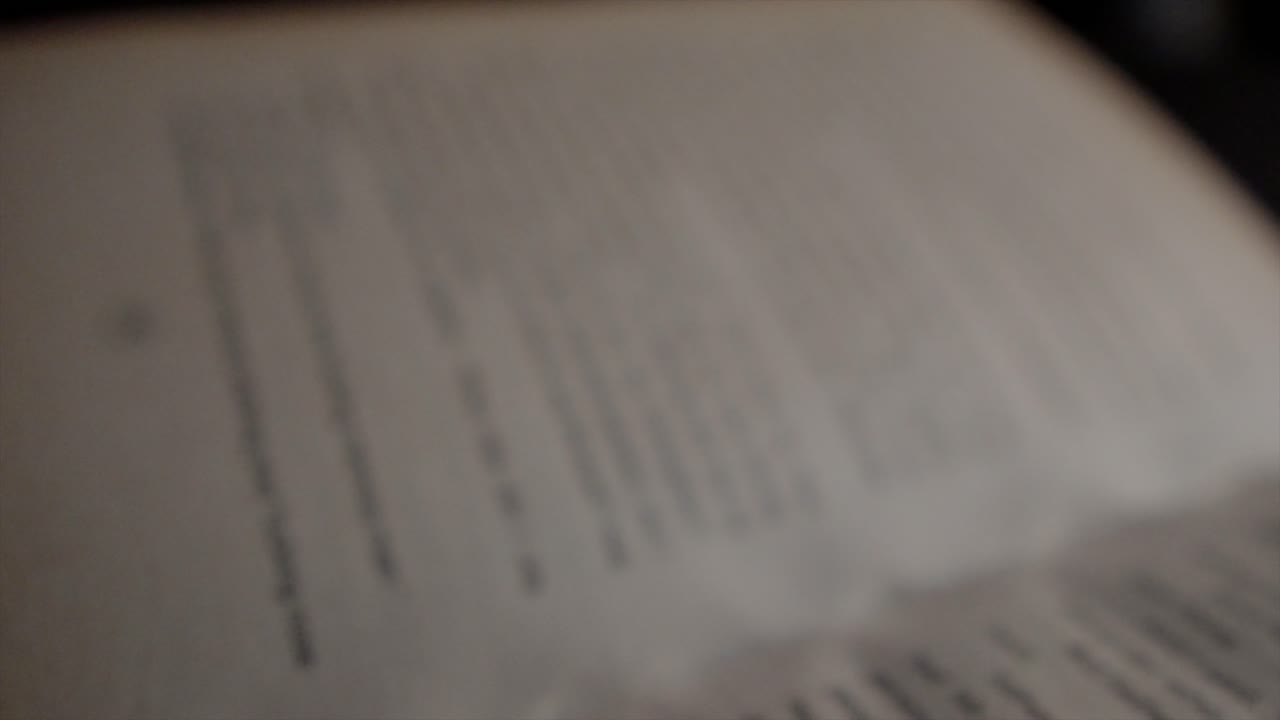 Panning shot across an open page of a book highlighting different lines of text giving the effect of a focused and immersive reading experience
