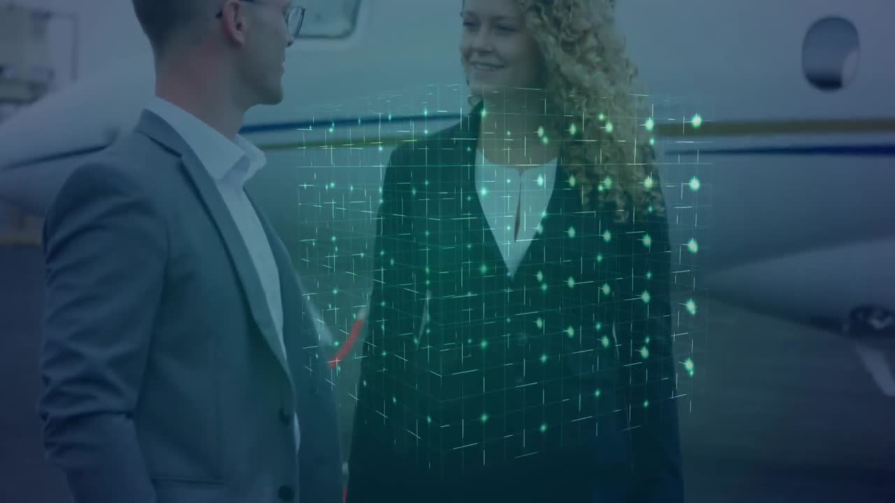 animación de la red de conexiones sobre los hombres de negocios caucásicos en el aeropuerto.