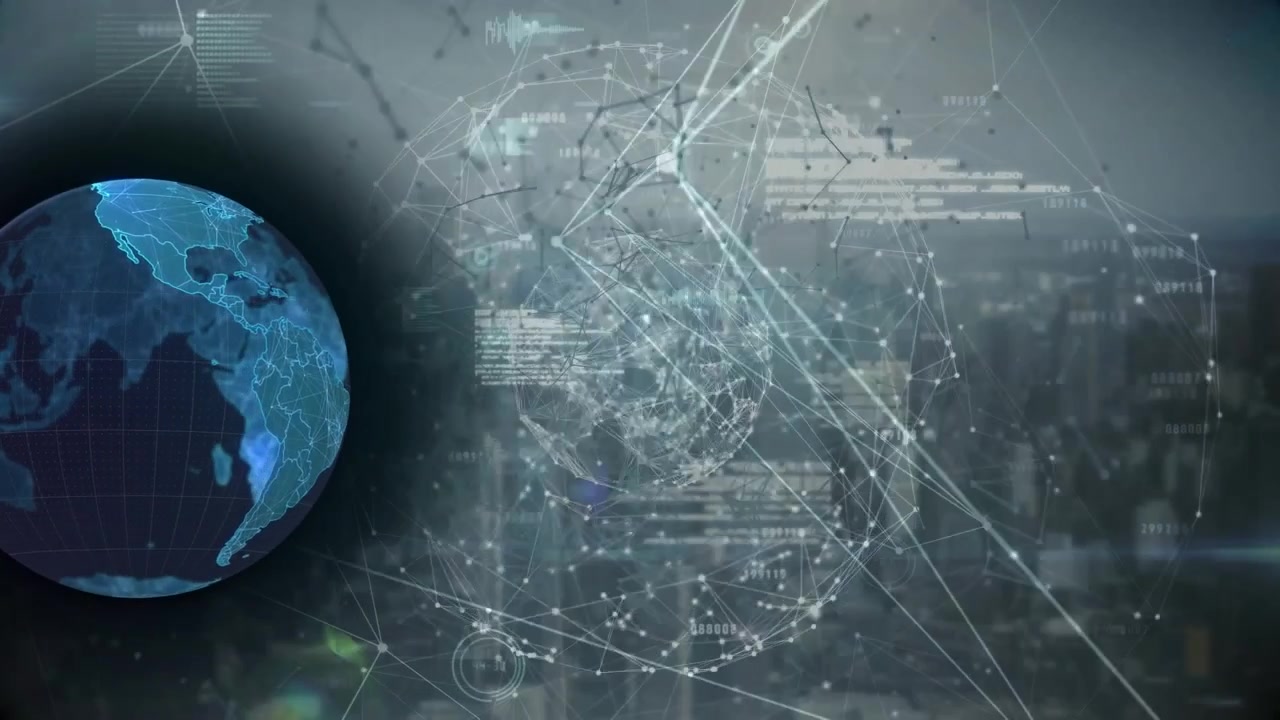 Animation of globe over digital face of network of connections and globe