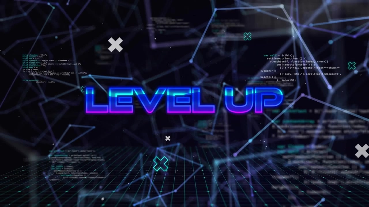 Animation of level up text over data processing and shapes