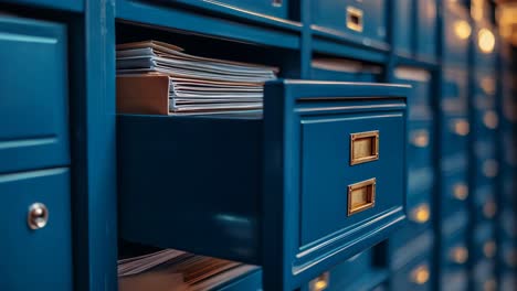 blue file cabinet with documents