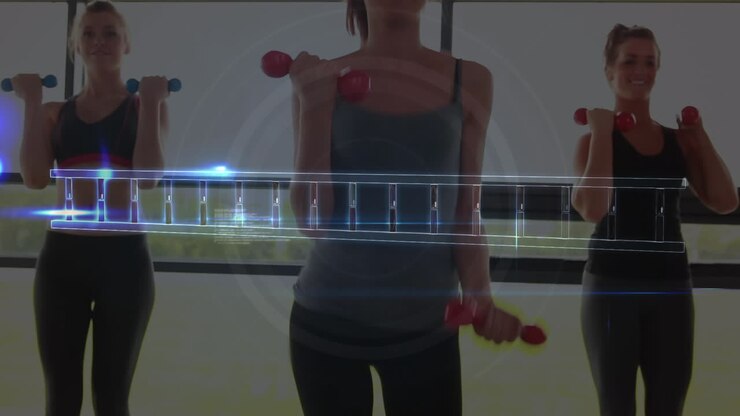 animación de la cadena de adn y procesamiento de datos sobre mujeres que hacen ejercicio en el gimnasio