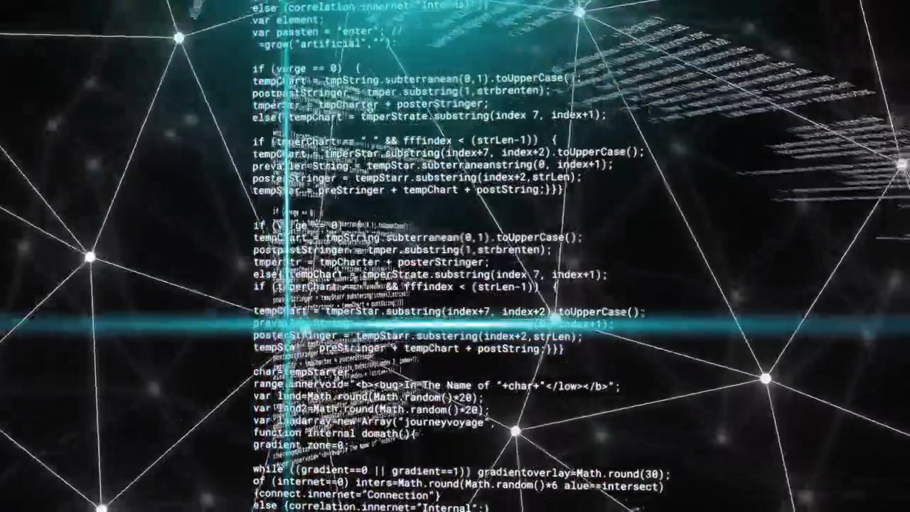 Cyan crosshair sweeping, causing camera drawing nearer, central code column scrolling, showing data
