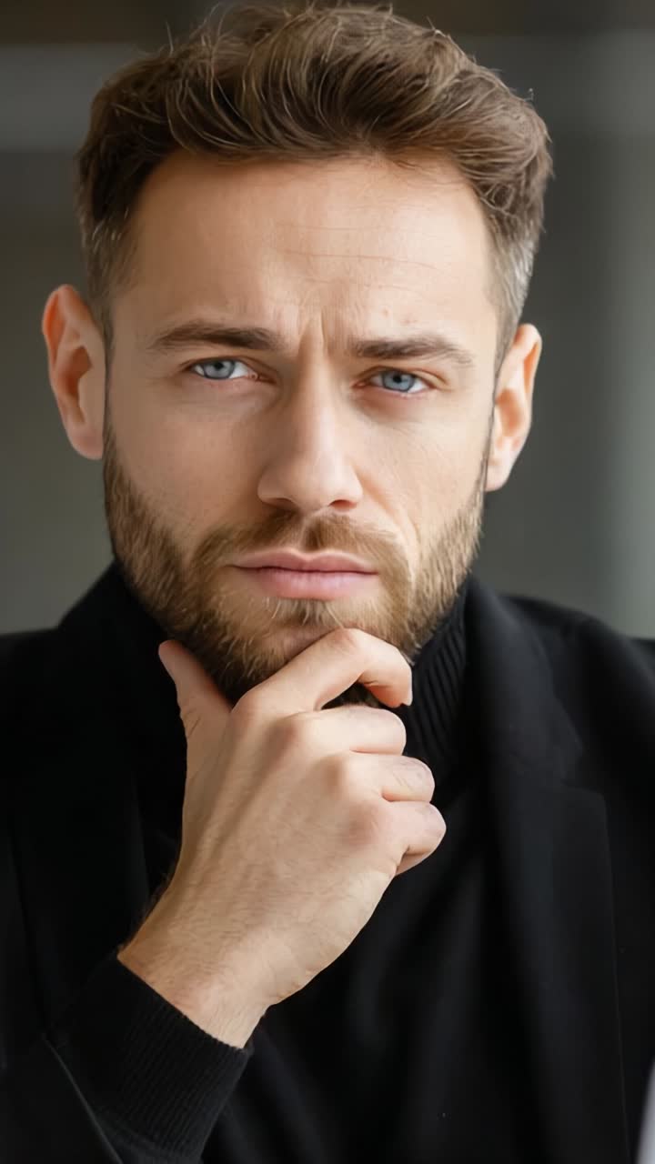 A Thoughtful Man in a Black Turtleneck Expressing Deep Contemplation with Intriguing Blue Eyes and Groomed Beard, Captured in Two Frames of Introspection