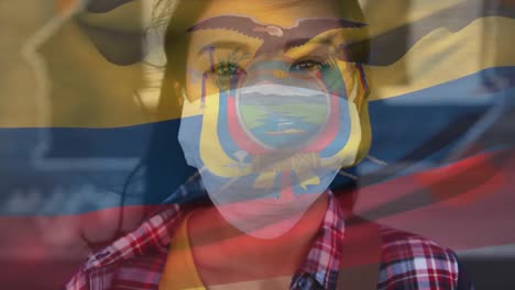 animation of flag of ecuador waving over woman wearing face mask during covid 19 pandemic