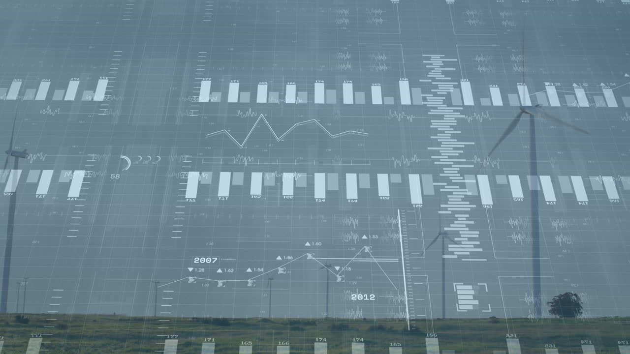 풍력 터빈과 풍경에 대한 금융 데이터 처리 애니메이션