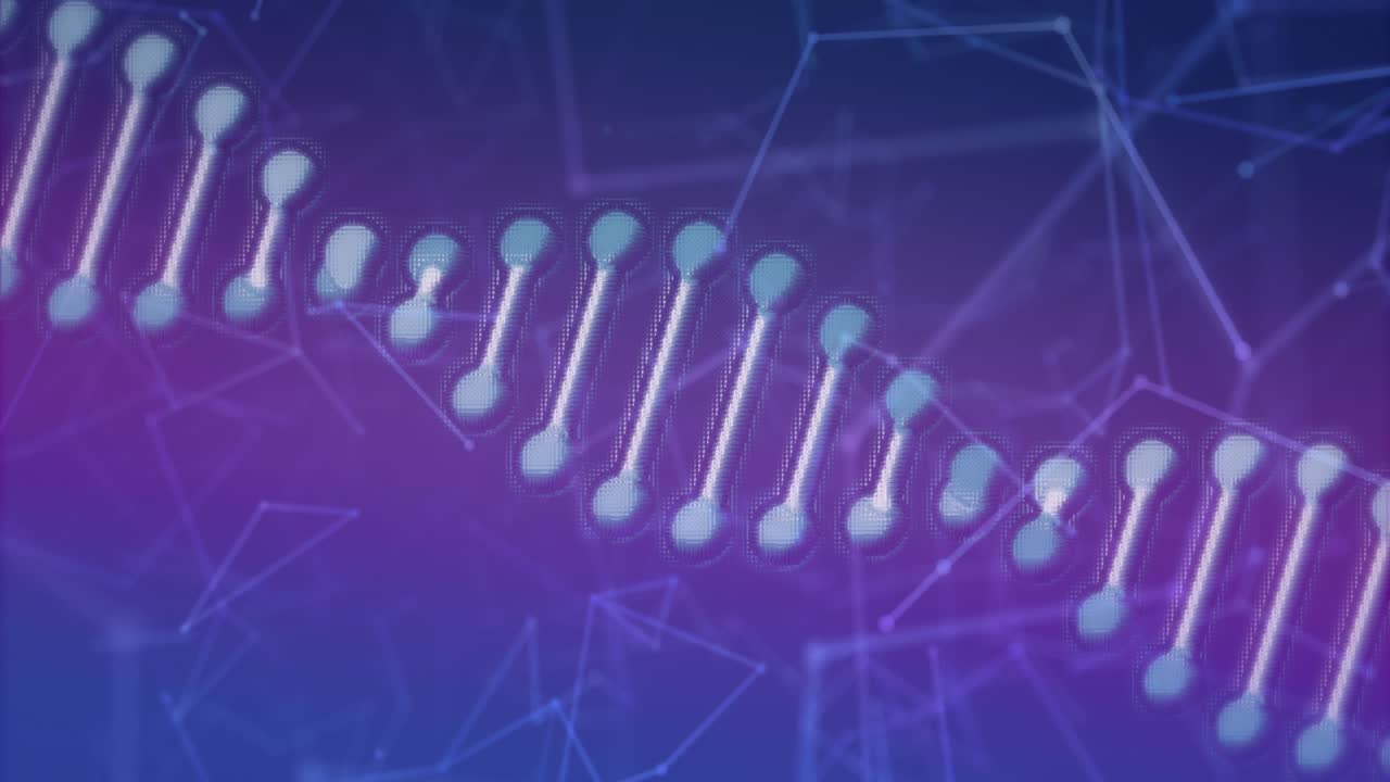 Animation of network of connections and dna strand over blue background