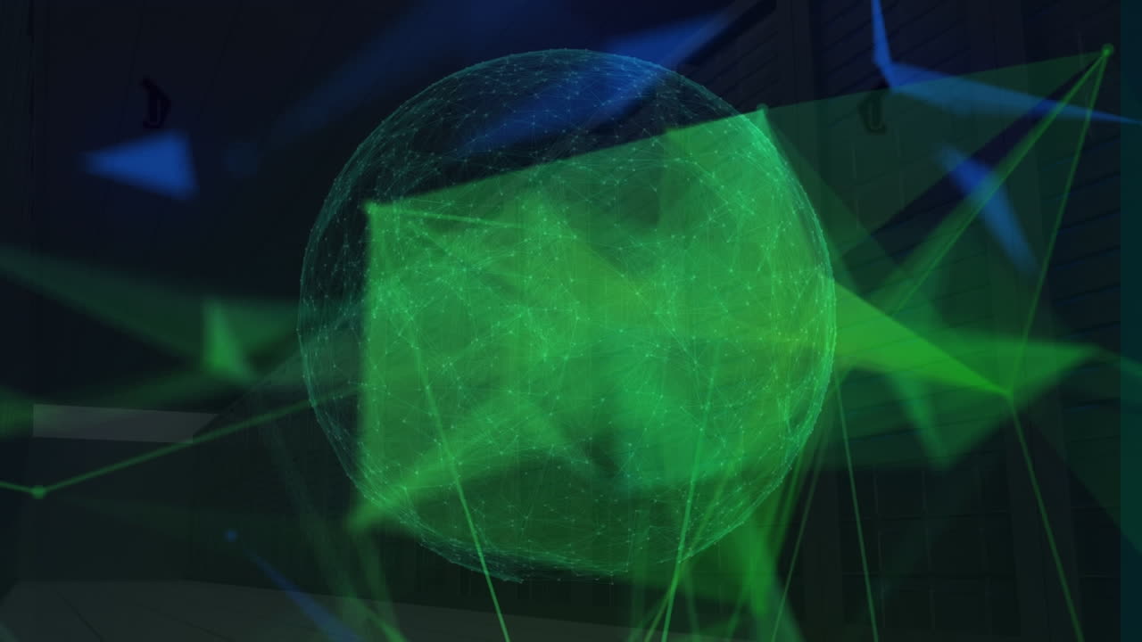 Animation of green and blue shapes moving over globe in black space