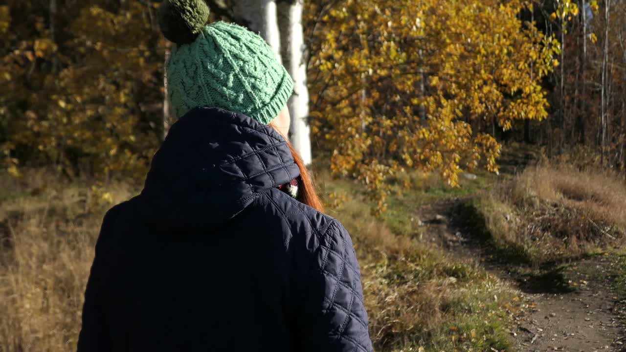 mujer caminando en el bosque en un soleado día de otoño