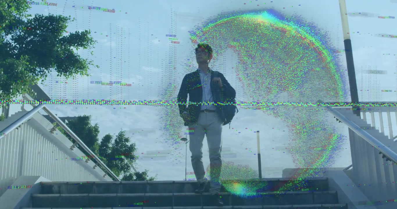 Mature man stepping onto overpass stairs, descending steps purposefully with tech glitch overlay