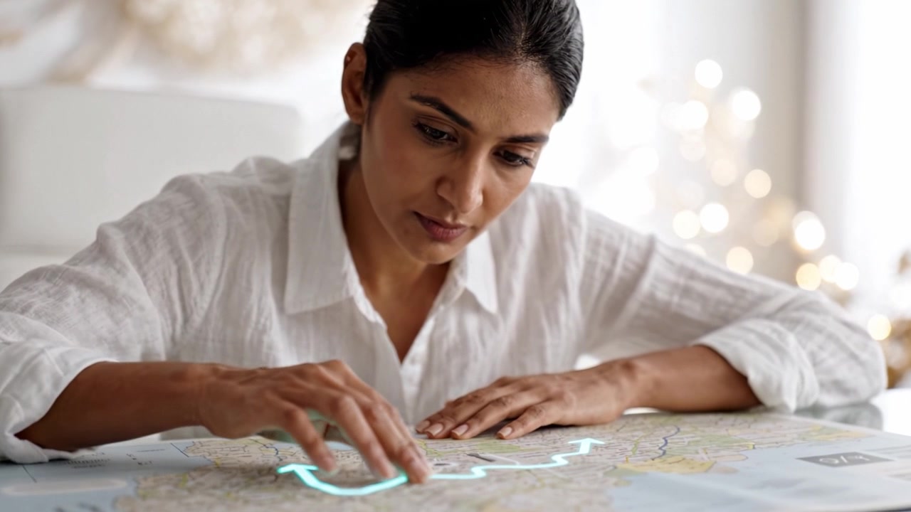A thoughtful woman explores a map, tracing routes with her fingers, illuminated by gentle light, exemplifying curiosity and a desire for travel adventures.