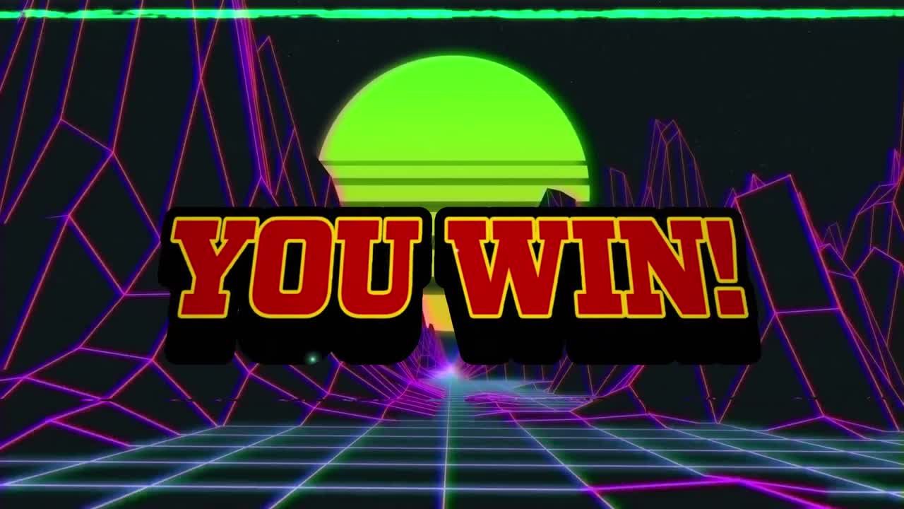빨간 텍스트의 애니메이션 당신은 승리, 폭발과 초록색 태양과 함께 보라색 그리드 계곡