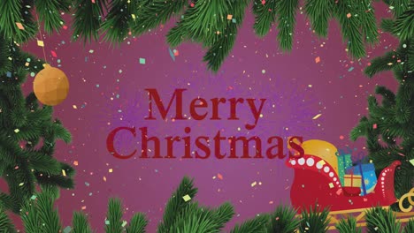 animación de saludos de navidad texto sobre trineo de navidad y ramas.