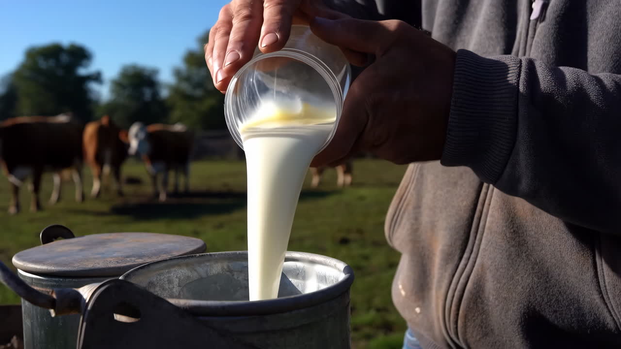 Pouring Fresh Milk into a Churn on a Dairy Farm