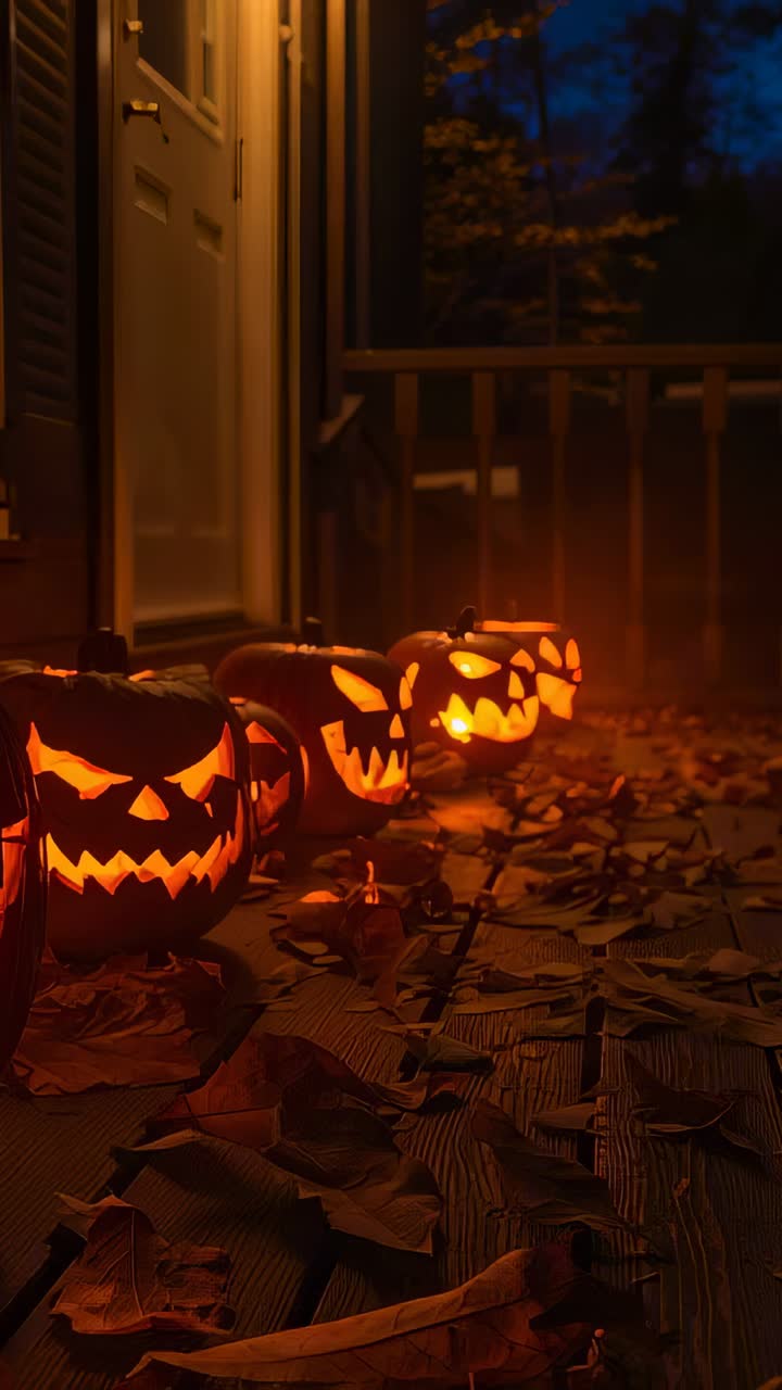 Vertical video: Pulling back camera revealing three carved pumpkins glowing on porch and night sky