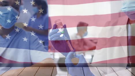 Animation-of-flag-of-usa-over-african-american-female-doctor-with-vaccine