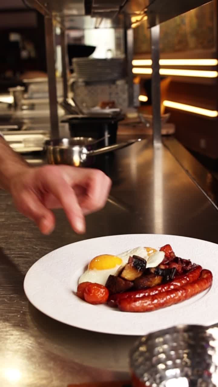 Chef che impiattano una colazione gourmet con salsicce e uova fritte.