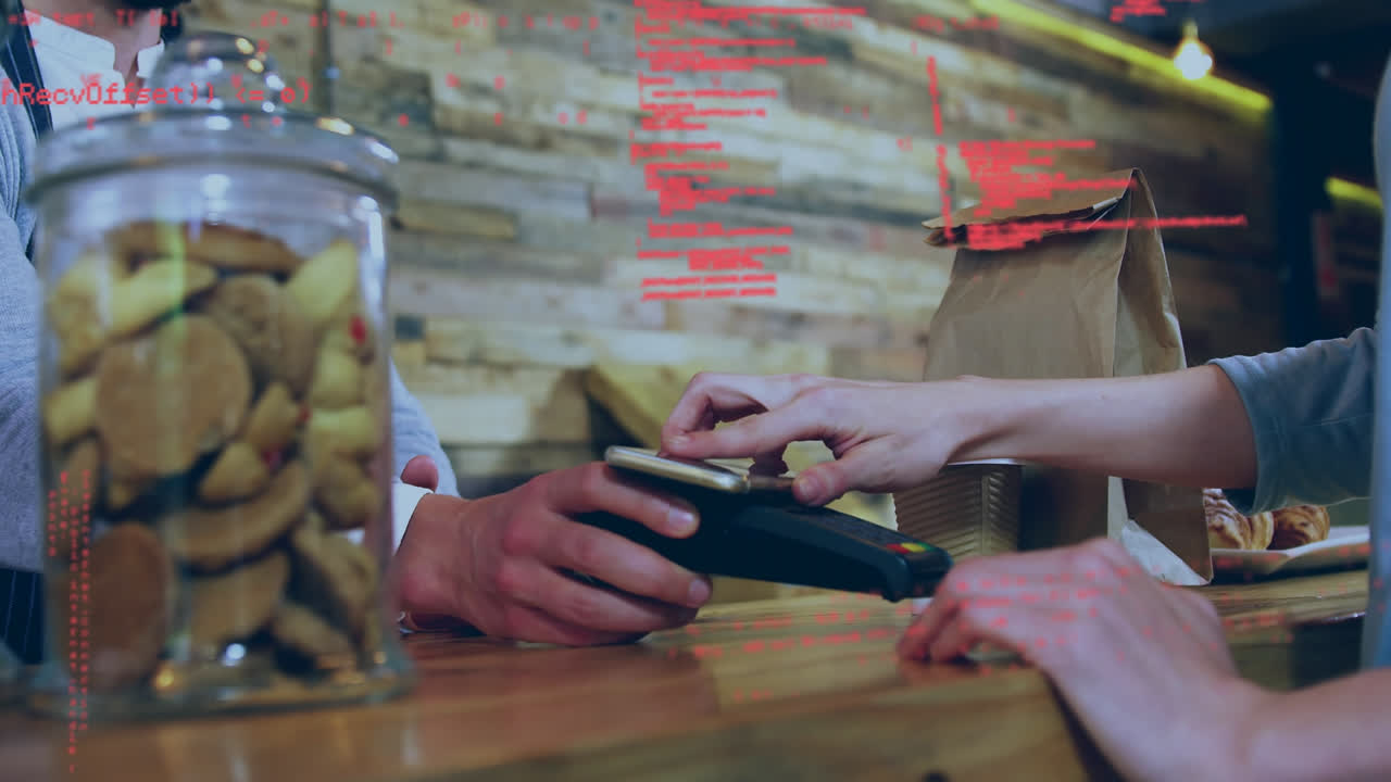 Animation of data processing over caucasian man paying with smartphone