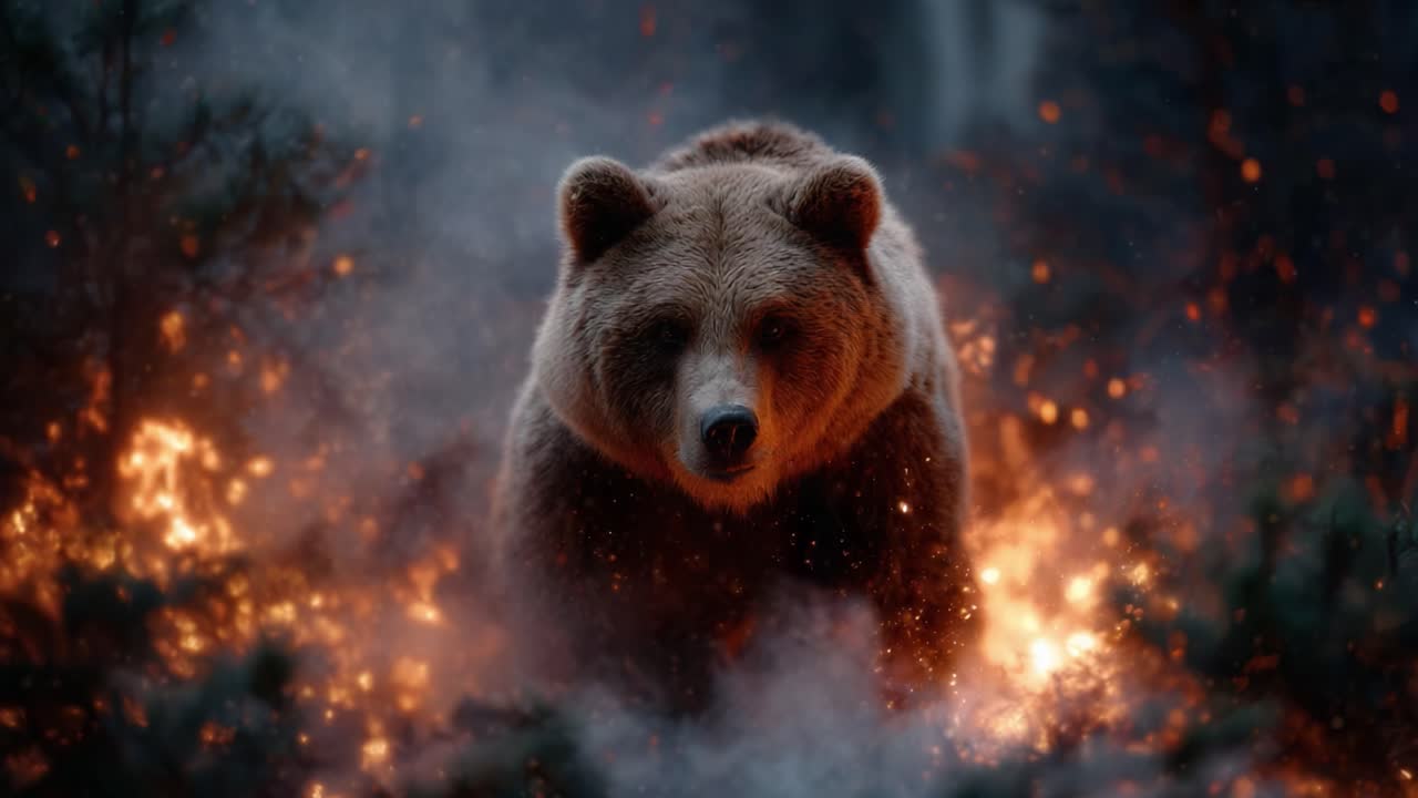 A Grizzly Bear Braving the Flames: A Powerful Display of Nature's Resilience Amidst a Fiery Wilderness Landscape