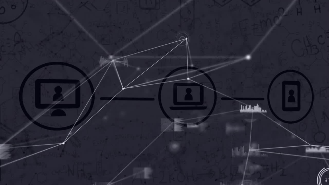 Animation of data processing, icons and network of connections