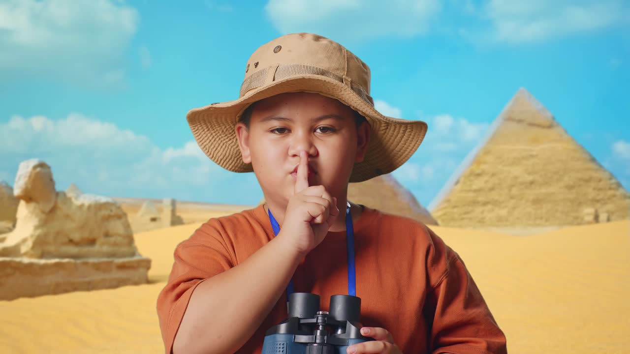 Asian Boy With A Hat Looking Through Binoculars Then Making Shh Gesture While Traveling In Giza Pyramid. Boy Researcher Examines Something, Travel Tourism Adventure Concept, Close Up