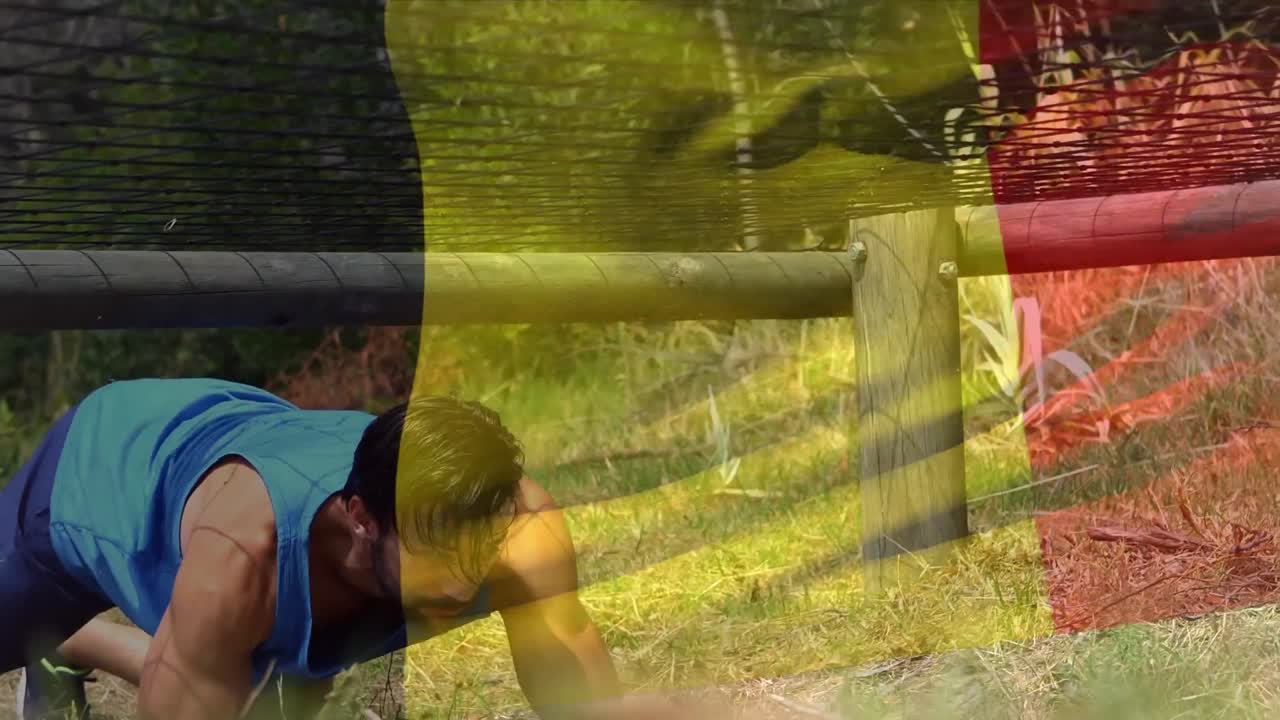 animación de la bandera de alemania sobre un hombre musculoso y fuerte haciendo abdominales