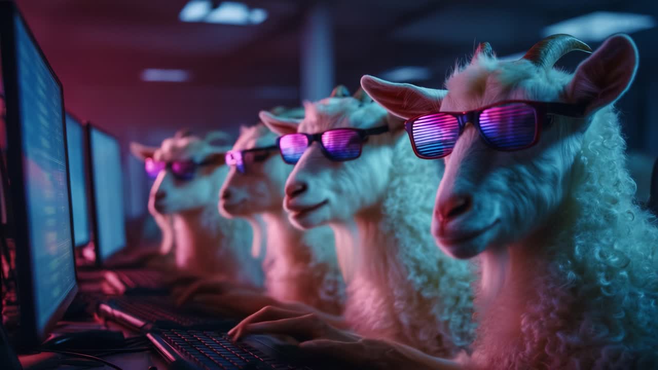 A Group of Stylish Sheep Wearing Sunglasses Engaged in Computer Work, Showcasing Playful Dynamics Between Animals and Technology in an Office-Like Setting