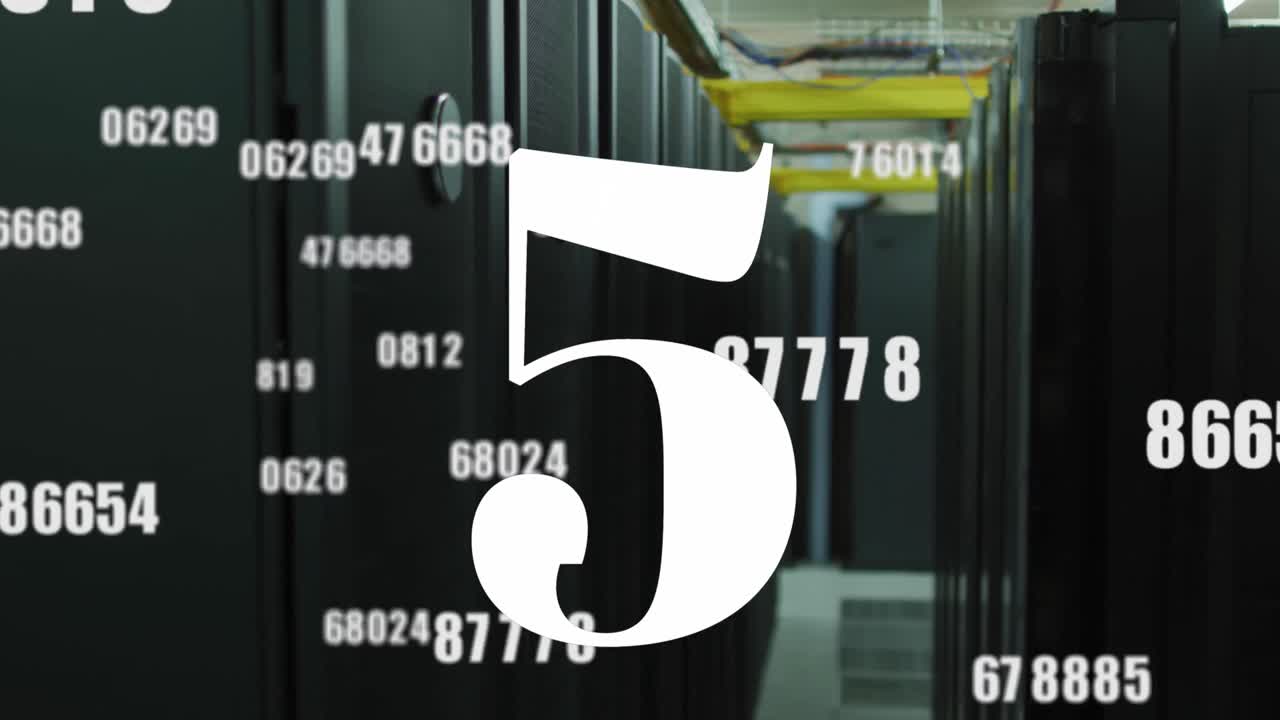 Animation of countdown over multiple changing numbers against computer server room