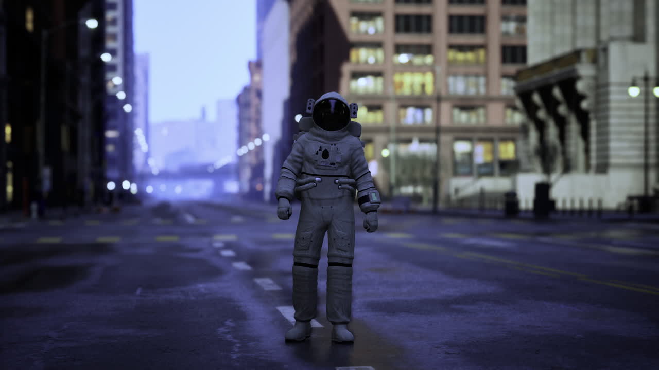 Astronaut exploring an empty city street at dawn amid futuristic skyscrapers