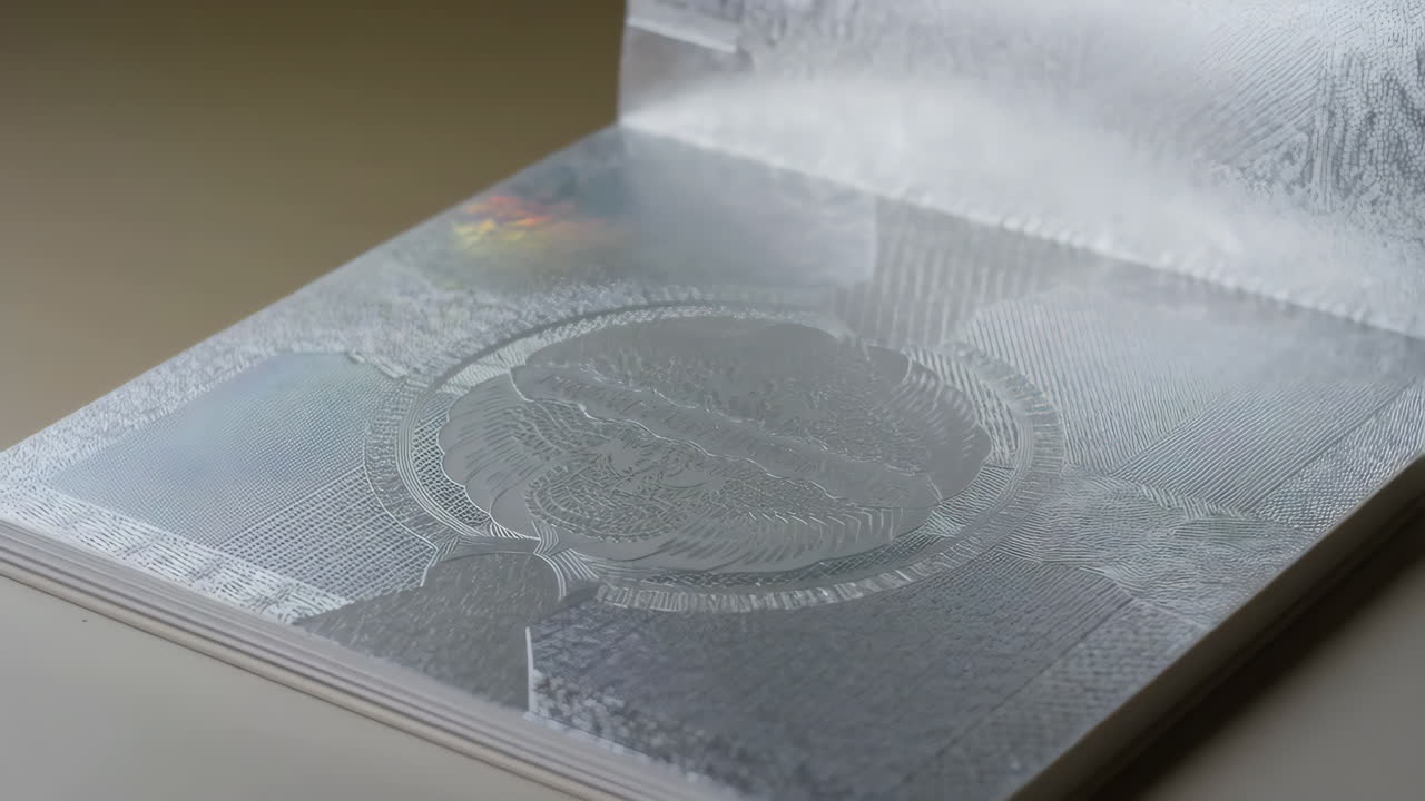 Close-up of an open book with intricate silver patterns