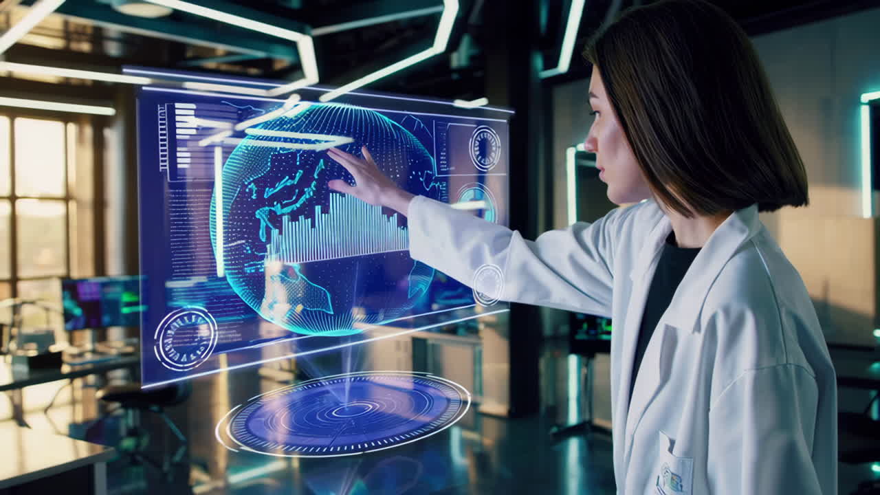 Scientist Interacting with Holographic Data Visualization