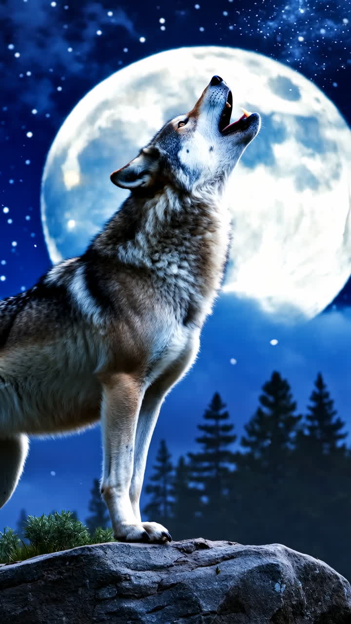 Wolf Howling at the Full Moon in a Forest at Night