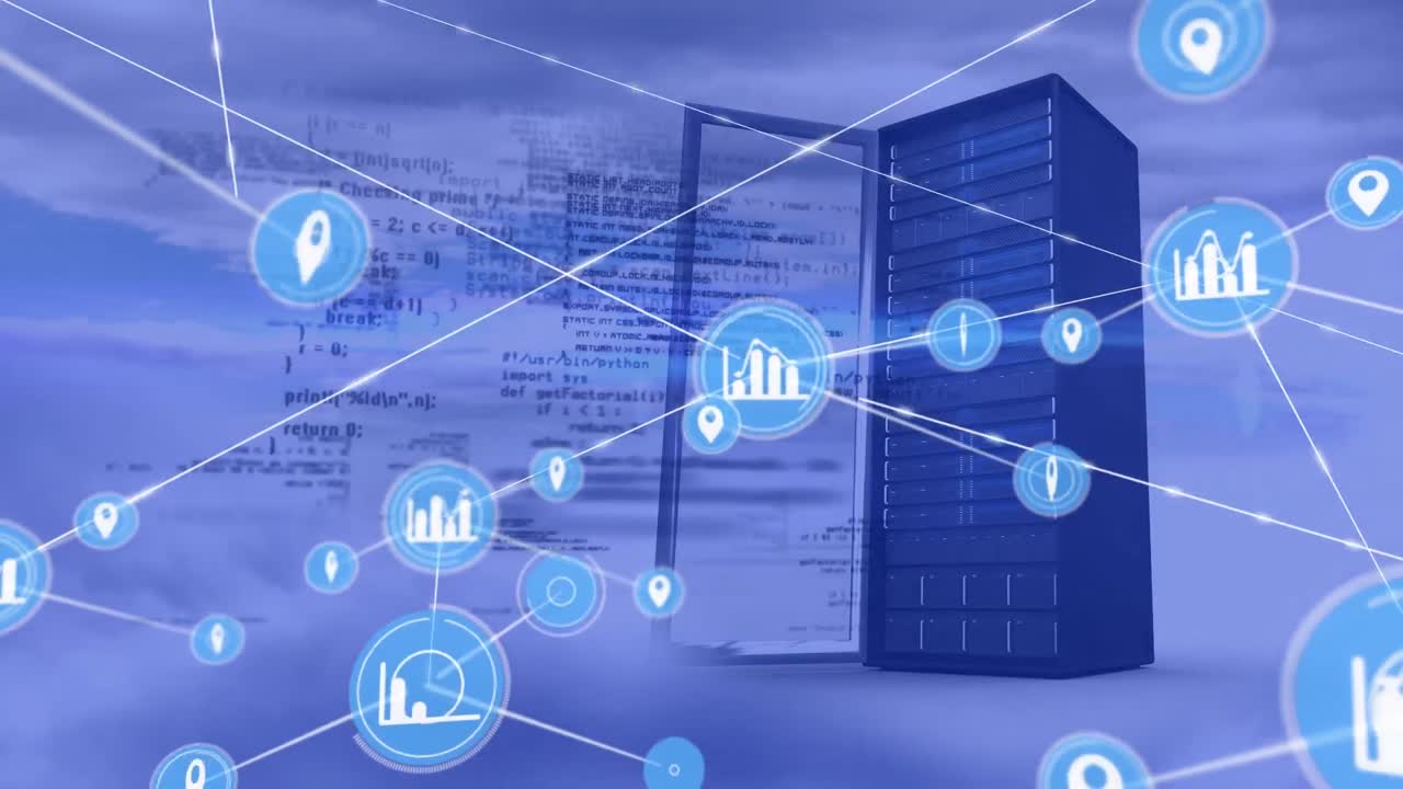 Animation of network of connections with icons over computer server in clouds