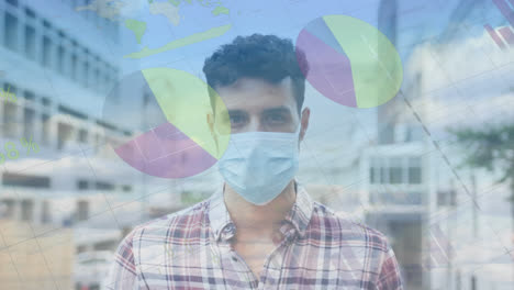 animation of statistics and data processing over man wearing face mask