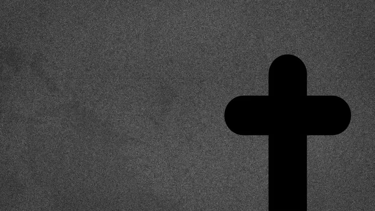 Black cross silhouette on gray textured background in animation style