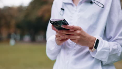 phone, hands or park woman typing on app ui
