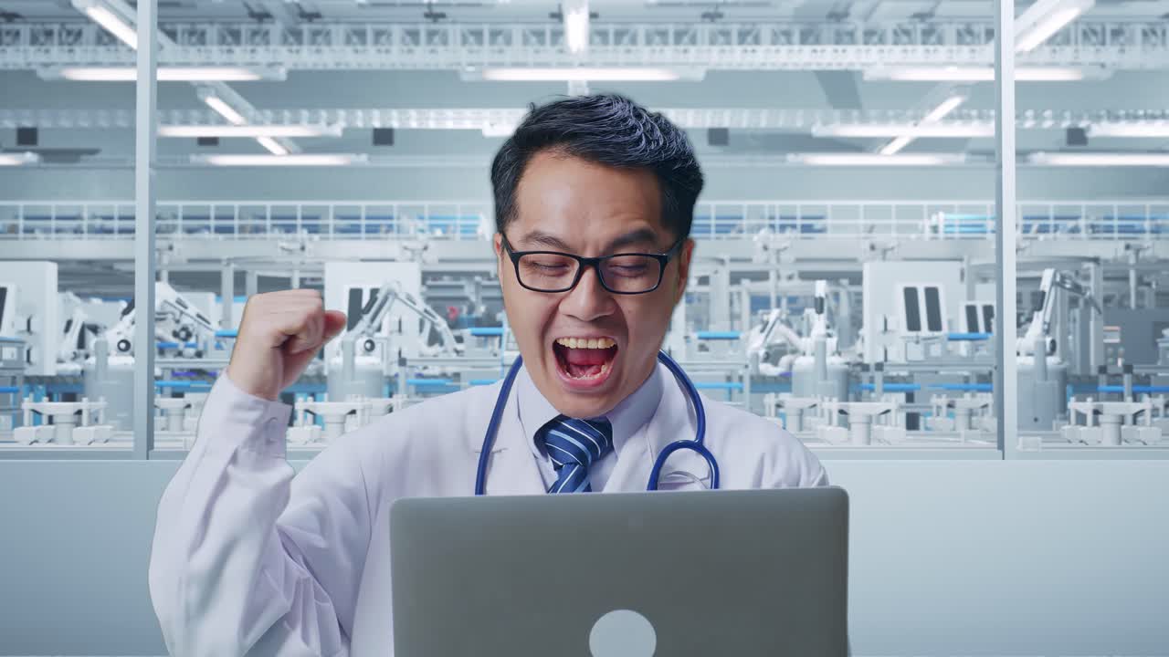 Excited Doctor in a Modern Factory