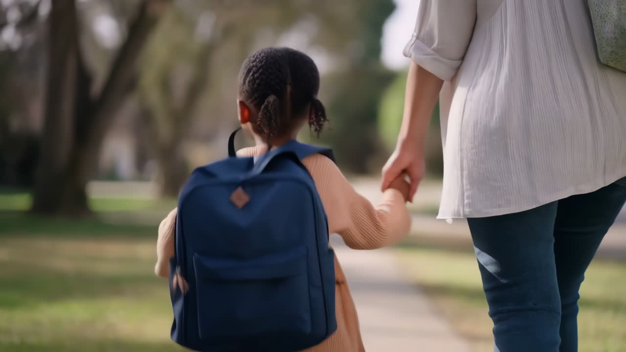 Child with Backpack Holding Hands with Adult on Sidewalk
