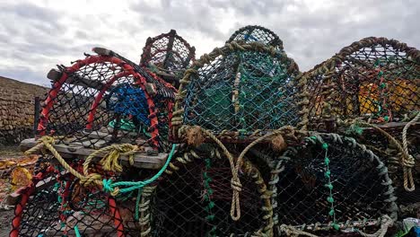 colorful traps stacked by the harbor in fife