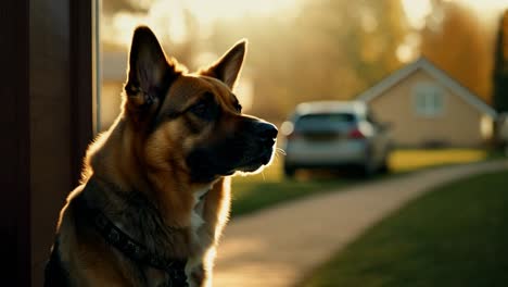 a german shepherd dog looks off to the side.