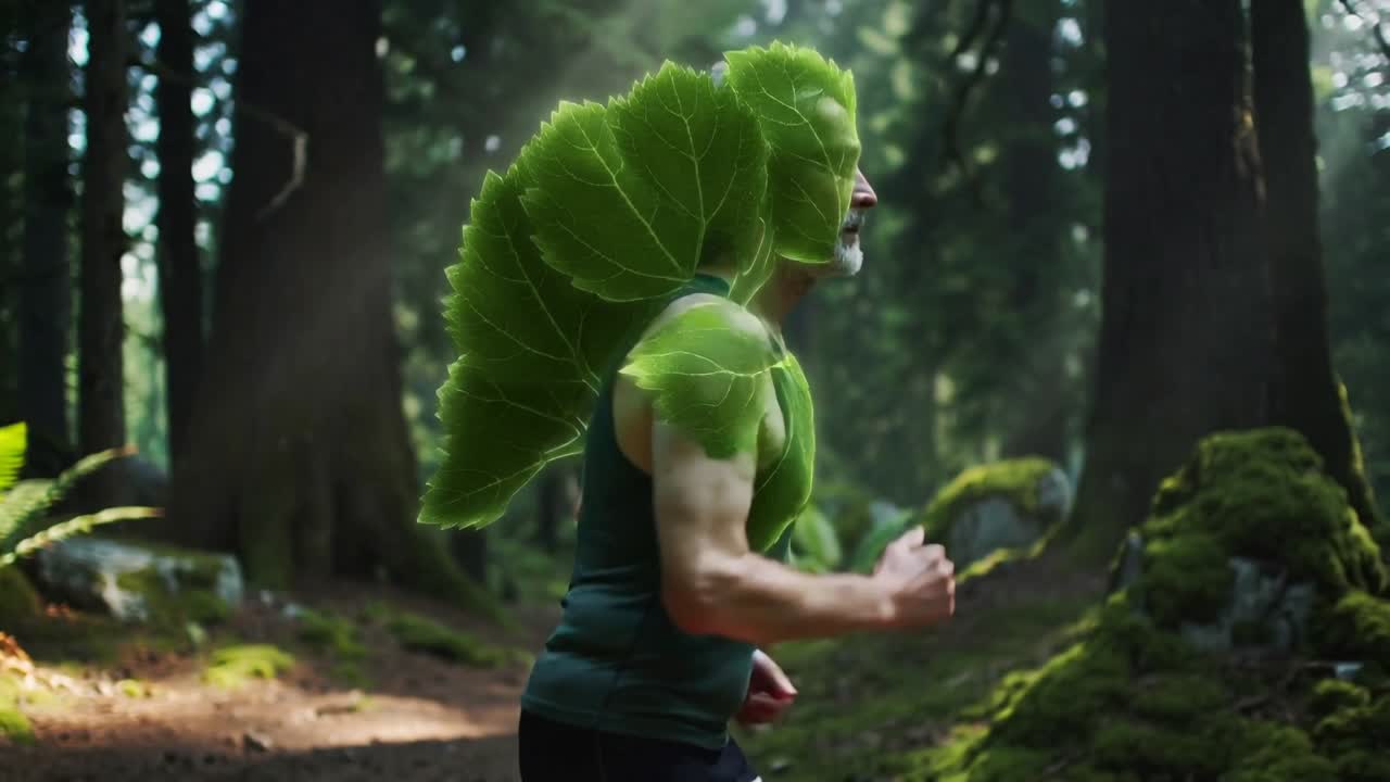 Hojas brillantes apareciendo en la espalda, hombre mayor trotando con una camiseta verde en un sendero forestal para mantenerse en forma
