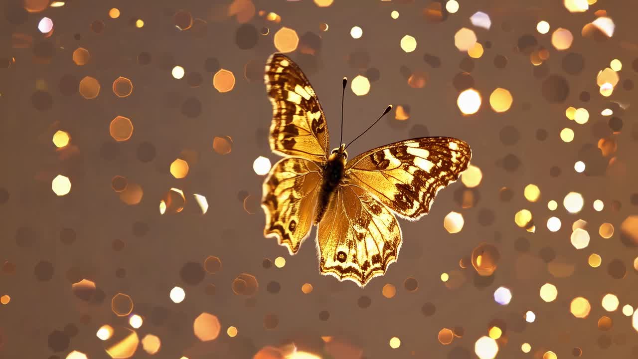 Un video ravvicinato di una farfalla in volo su uno sfondo bokeh, ripreso lateralmente