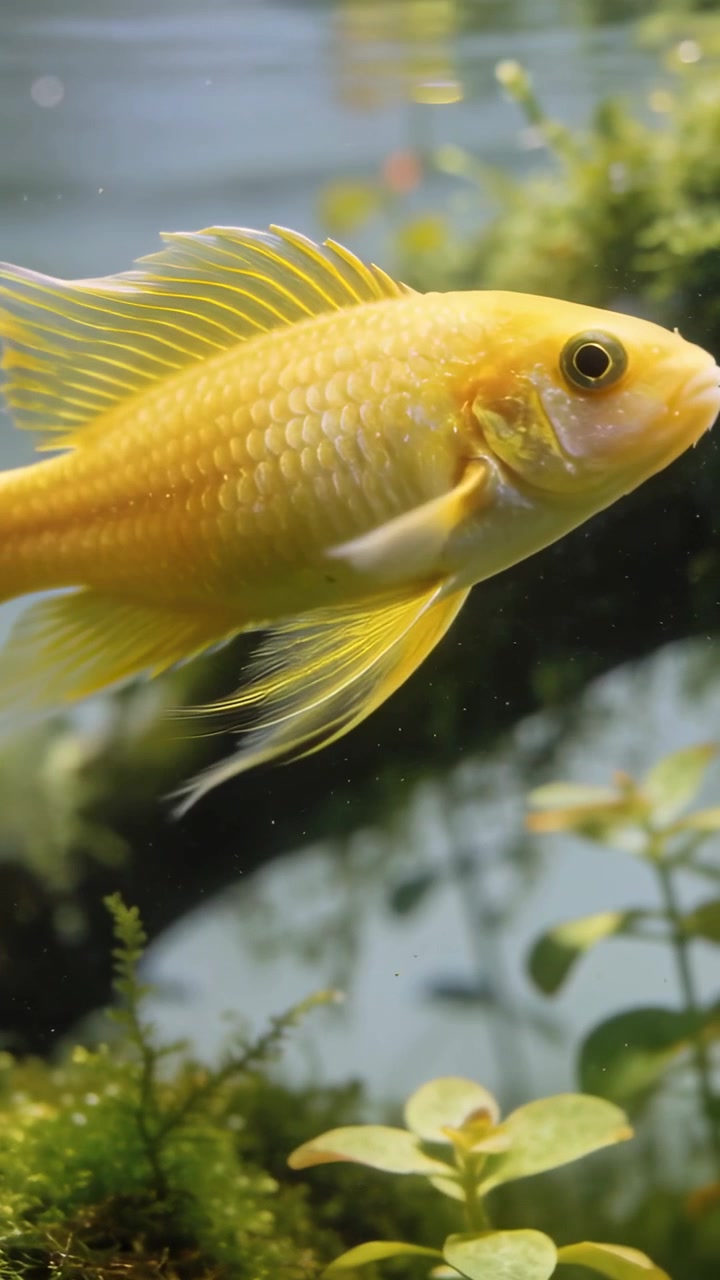 Vídeo vertical: Peixe amarelo brilhante nadando para a direita, agitando as nadadeiras em aquário com partículas.