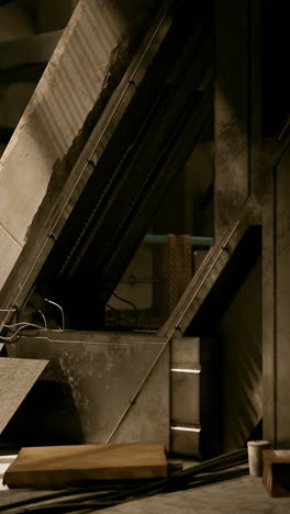una escena industrial oscura con estructuras de metal y hormigón.