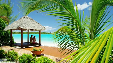 caucasian couple outdoors in a tropical beach hut